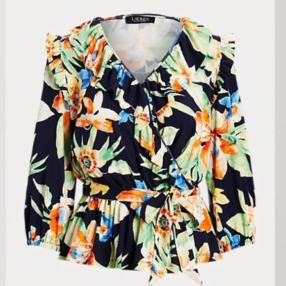 Lauren Ralph‎ Lauren Floral Jersey Belted Peplum Top Navy Blue Size Medium NWT - Picture 1 of 3